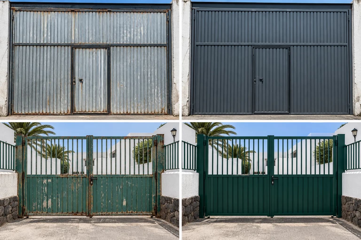 Simulación de antes y después de repintar un portón de garaje y una verja desgastados