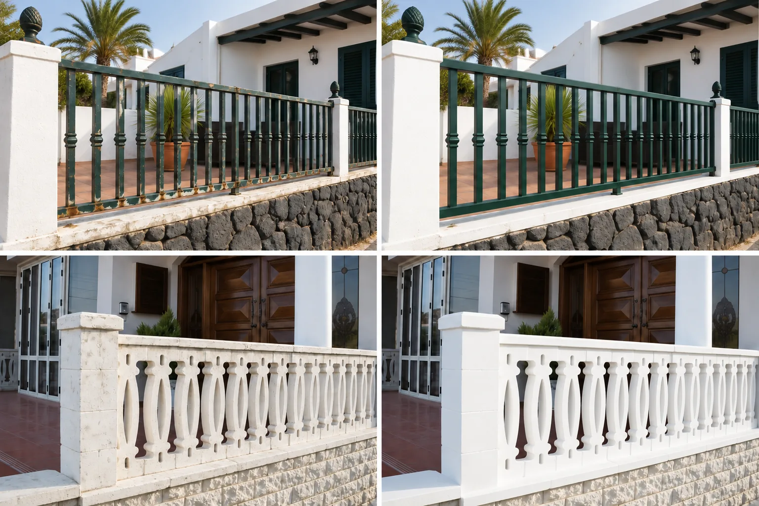 Comparativa ilustrativa de una verja metálica y una balaustrada de hormigón antes y después de renovar su pintura